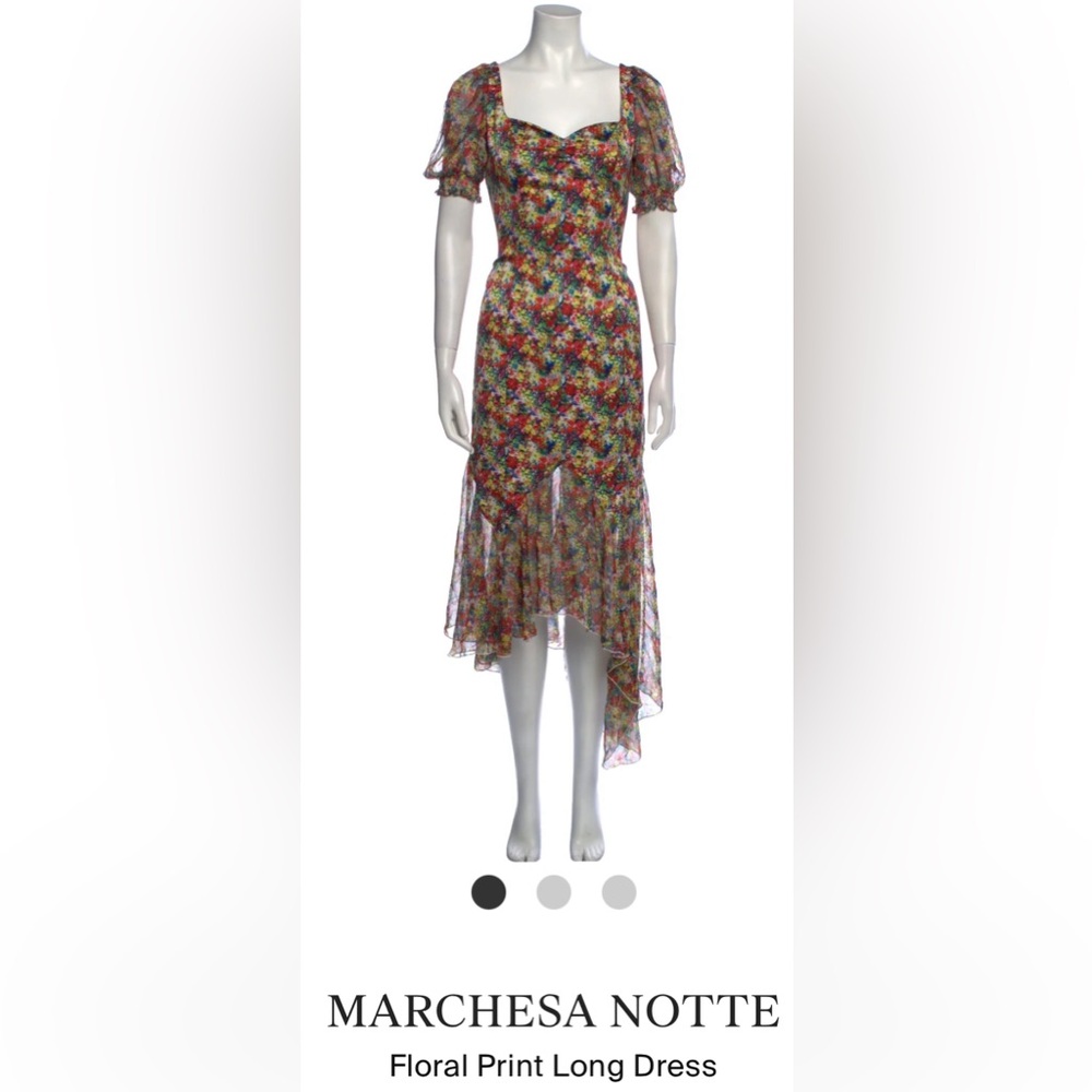 Marchesa Notte floral dress with hi-low hem and sweetheart neckline.
